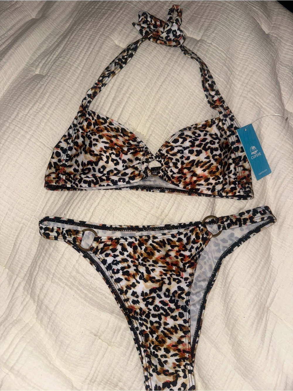 CUPSHE SWIM Leopard Print Halter Bikini Set Gold Accents - NWT SMALL